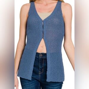 Zenana Dusty Blue Knit Sleeveless Open-Front Vest